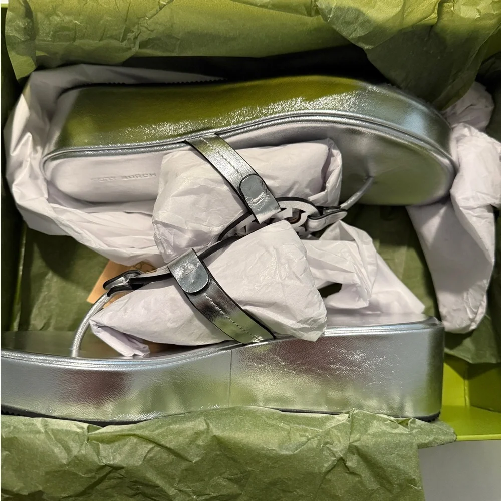 Tory Burch Silver Logo Thong Wedge Sandals